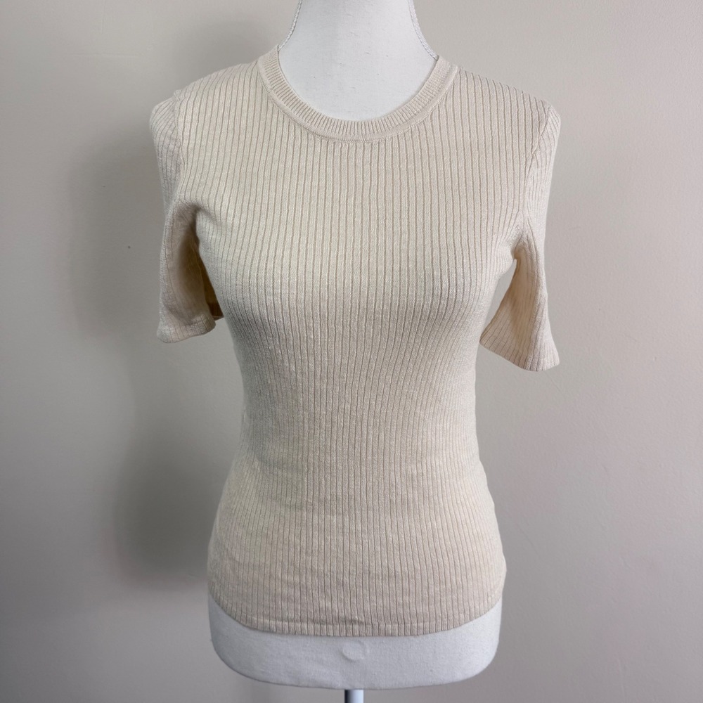 Faherty Cream Ribbed Linen Organic Cotton Short Sleeve Knit Sweater Top Small